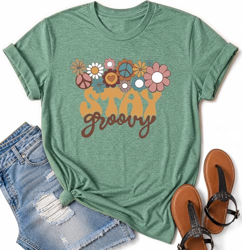 Hippie Shirts for Women Groovy 70s Retro Flower Graphic T-Shirt Vintage Peace Sign Top Floral Tee
