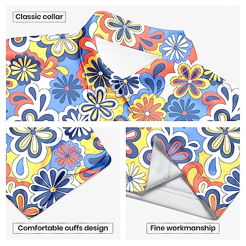 ZePinger Hippie Flower 70s Shirts for Men - Retro Short Sleeve Golf Shirt