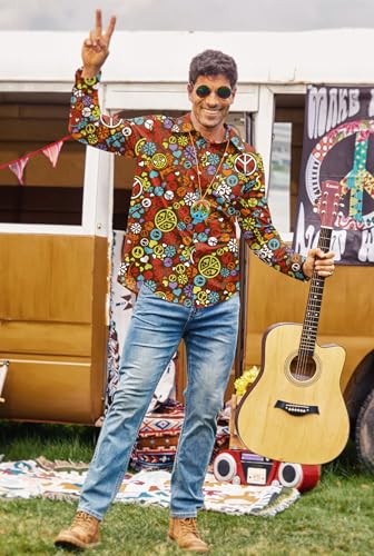 Men Carnival Floral Shirt 70s Flower Button Shirt Long Sleeve Dress Shirt Retro Paisley Geometric Collared Shirt XL