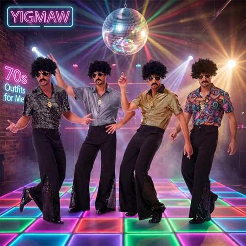YIGMAW 70s Outfits for Men Disco Costume 7 Pcs - Mens 70s Outfit with Short Sleeve Shirt Bell Bottom Pants for 1970s Halloween Party (Gold, S)