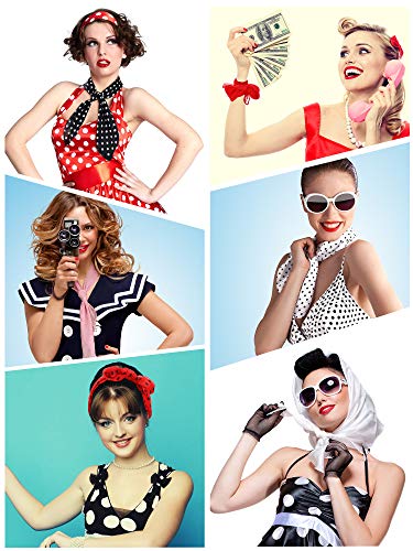 Boao 1 Pcs Polka Dot Scarf 1950s Chiffon Scarf Retro Hair Tie Sheer Square Neck Head Vintage Neckerchief for Women (Black with White Dots)