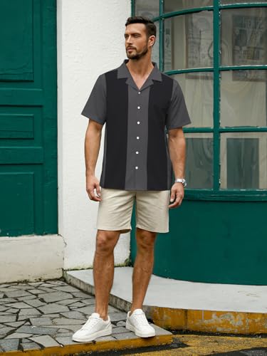 Hardaddy Men's Vintage Bowling Shirt 1950s Short Sleeve Casual Button Down Summer Beach Camp Collar Shirts Gray XXL