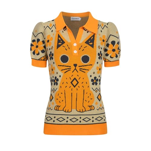 OXKNIT Women's Knit Polo Shirts 1960s Vintage Cat Jacquard Casual V-Neck Top with Puff Sleeves Orange