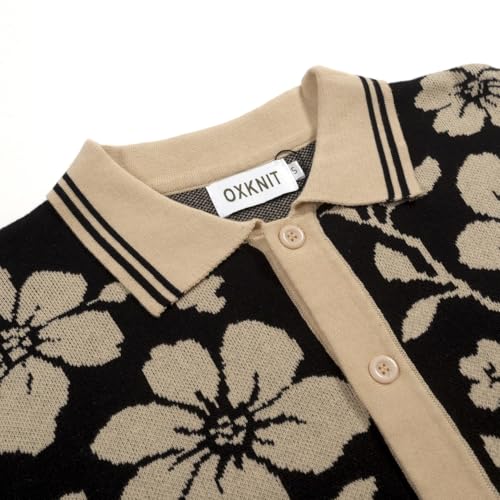 OXKNIT Men's Knit Short Sleeve Shirts Button Down Vintage Florals Plants Pattern Knitted Polo Shirt Black Apricot Polo