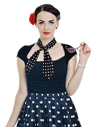 Boao 1 Pcs Polka Dot Scarf 1950s Chiffon Scarf Retro Hair Tie Sheer Square Neck Head Vintage Neckerchief for Women (Black with White Dots)