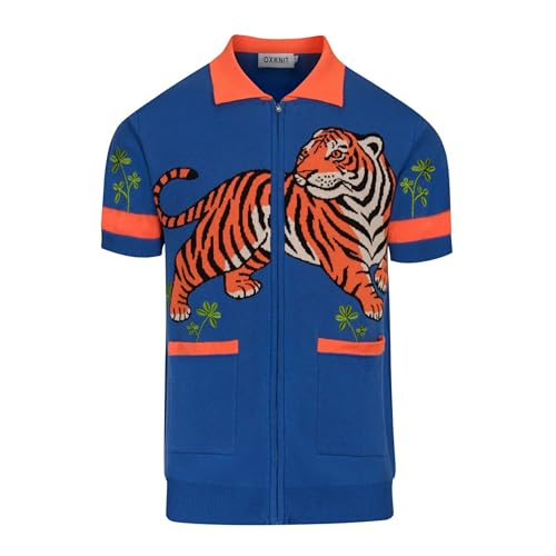 OXKNIT Men's Knit Short Sleeve Shirts Vintage Tiger Pattern Knitted Polo Shirt Blue Cotton Polo with Zipper and Pocket