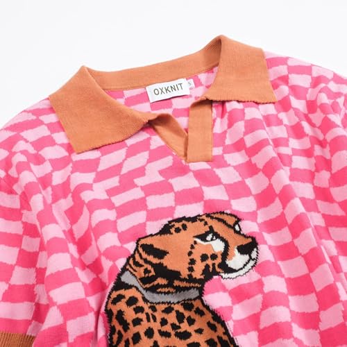OXKNIT Men's Knitted Retro Poloshirt, 1960s Mod Style Vintage Plaid Shirt with Animal Pattern Rose Red