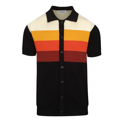 OXKNIT Men's Knit Short Sleeve Shirts Button Down Vintage Knitted Polo Shirt Colorful Stripes Black Cotton Polo