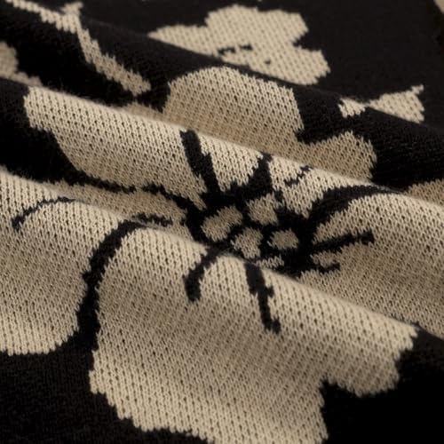 OXKNIT Men's Knit Short Sleeve Shirts Button Down Vintage Florals Plants Pattern Knitted Polo Shirt Black Apricot Polo