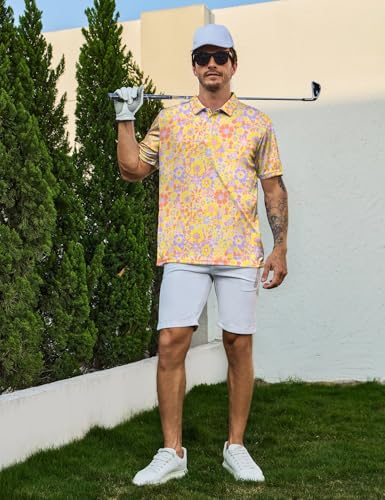 70s Flowers Polo Shirt for Men 70s Golf Shirts Short Sleeve Golf Polos Shirts Retro Floral Shirt 2XL