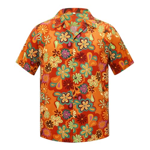 Zando Vintage 70s Hawaiian Shirts for Men - Retro 80s Hippie Button Down Orange Flowers Outfits Top Quick Dry Short Sleeve Funny Beach Clothes Disco & Themed Party Costume Oversized Loose Fit X-Large