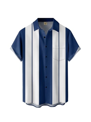 Hardaddy Men's Vintage Bowling Shirt Short Sleeve Button Down Hawaiian Summer Beach Printed Casual Shirts Blue 3XL