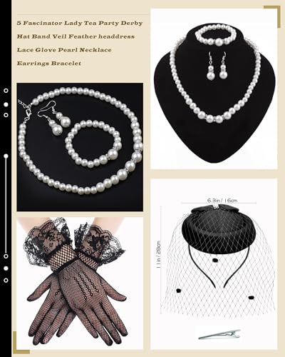 Bniksok Black Fascinators Hats with Veil for Women Vintage Funeral Pillbox Hat 1920s 50s Gatsby Cocktail Tea Party Headwear, Lace Gloves Pearl Necklace