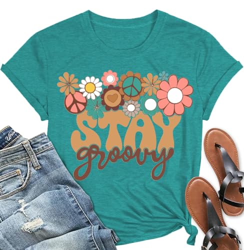 Retro Stay Groovy Shirt Women Cute Floral Tshirts Hippie 70s Short Sleeve Tops A-Green