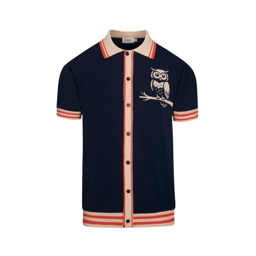 OXKNIT Men's Knit Short Sleeve Shirts Button Down Vintage Knitted Polo Shirt Owl Pattern Dark Blue Cotton Polo