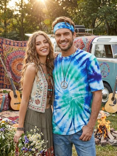 Wianja Hippie Costume for Men 60s 70s Hippie Outfits Tie Dye T-Shirt Wig Peace Necklace Accessories 5-piece