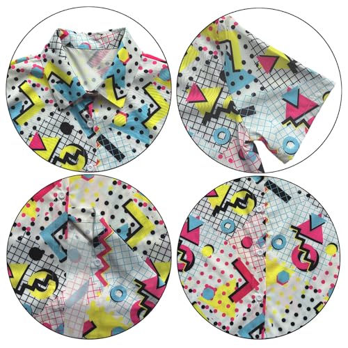 80s 90s Outfits for Women Hawaiian Retro Party Disco Neon Outfits Neon Short Sleeve Button Down Blouse Tops B White M