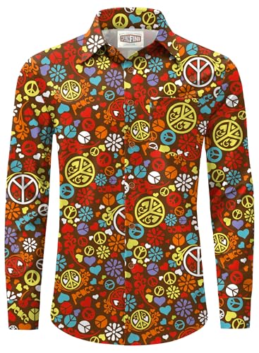 Men Carnival Floral Shirt 70s Flower Button Shirt Long Sleeve Dress Shirt Retro Paisley Geometric Collared Shirt XL