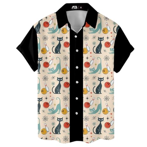 Retro Cat Bowling Vintage-Inspired 80s Hawaiian Shirts for Men 90s Hawaiian Shirts Short Sleeve Button Down Shirt