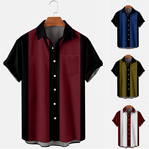 Men's Vintage Bowling Shirts Short Sleeve Button Down 1950s Retro Rockabilly Style Hawaiian Shirts Summer Beach Tops A- Blue