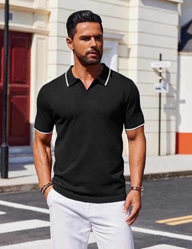 COOFANDY Mens Collared Shirts Short Sleeve Polo Shirts for Men Basic Fashion Retro 70S Shirt Black
