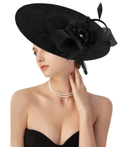 dressfan Fascinator Hat Headpiece for Women Vintage Wedding Mesh Feather Hair Clip,20s 50s Headband Hair Accessories Headwear for Derby/Wedding/Cocktail/Tea Party,M3-Black