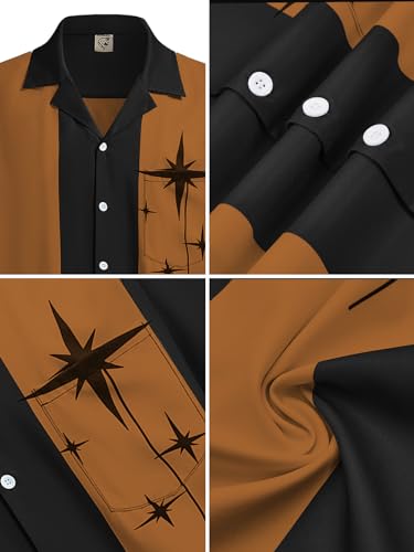 Hardaddy Men's Vintage Bowling Shirt 1950s Short Sleeve Casual Button Down Summer Beach Camp Collar Shirts Cameo Brown M
