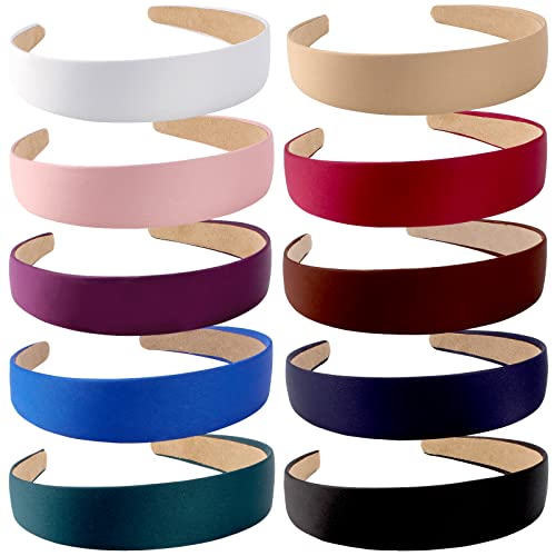 Wecoe Headbands for Women Girls, 10 Pcs 1 Inch Wide Satin Headbands No Slip Fashion Thin Solid Hair Bands for Daily Wear, Party, Cosplay, Diy Costume Hair Accessories, Diademas Para Mujer De Moda
