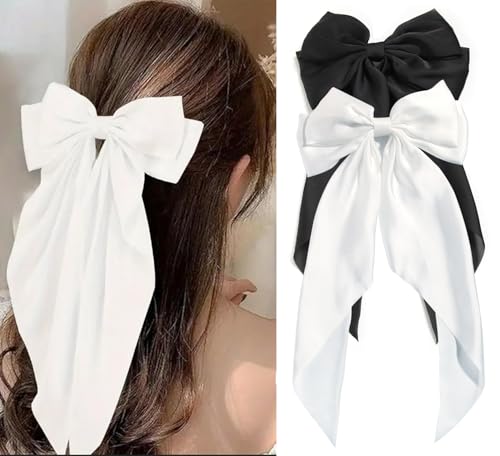 SUSULU Hair Bows for Women Oversized Black White Hair Bow Clips Big Hair Bow Long Tail Large Satin Silky Hair Ribbon Bow Clip Ponytail Hair Accessories for Adult Teens,Pack of 2