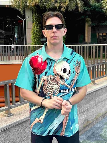 DADDYLOCO Men's Hawaiian Shirt, Skeleton Bowling Print, Short Sleeve Button Down, Light Blue, Polyester, Regular Fit