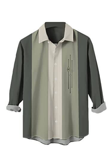 Bowling Shirt for Men Long Sleeve 50s Vintage Colorblock Striped Printed Casual Button Down Shirts Tops