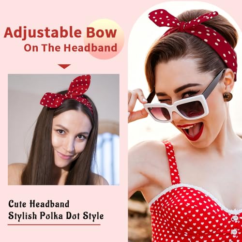 ELLOPH 6Pcs Polka Dot Headbands for Women with Adjustable Bow Classic Rosie The Riveter Headband Wide Knotted Hairband for 1950s Pin Up Outfits Cute Polka Dot Hair Accessories for Daily Workouts