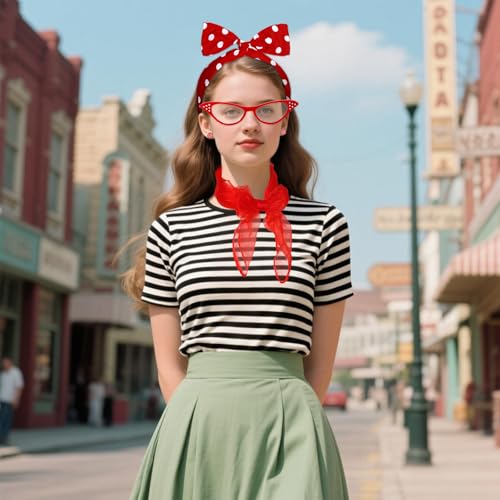 Sdfvsdg 50s Set 50's Costume Accessories Chiffon Scarf Cat Eye Glasses Bandana Tie Headband Earrings for Cosplay Party