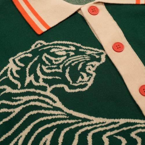 OXKNIT Men's Knit Short Sleeve Shirts Button Down 1960s Vintage Tiger Pattern Green Cotton Polo Shirt Summer Knitwear
