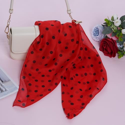 Jmkcoz 50s Chiffon Scarf 1950s Sheer Square Neck Head Scarf Neckerchief for 50's Costume Party Wedding Halloween Cosplay (Polka Dots, Red, 25.6 Inch)