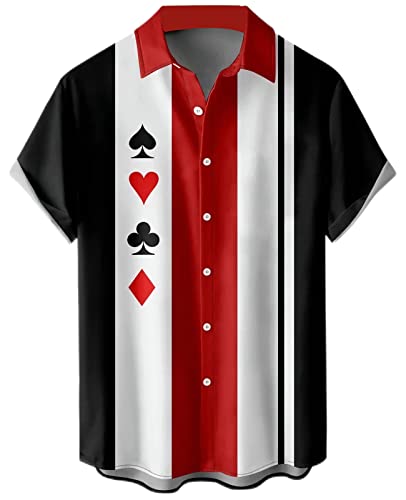 Ecosunny Poker Shirts for Men Short Sleeve Geometric Print Bowling Casual Button Down Collar Shirt