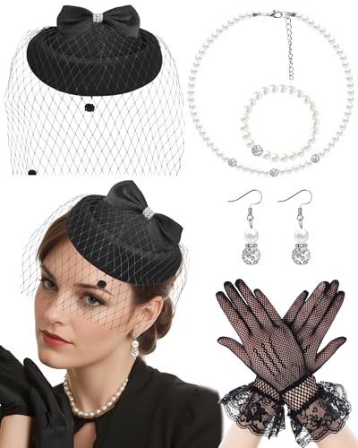 Bniksok Black Fascinators Hats with Veil for Women Vintage Funeral Pillbox Hat 1920s 50s Gatsby Cocktail Tea Party Headwear, Lace Gloves Pearl Necklace