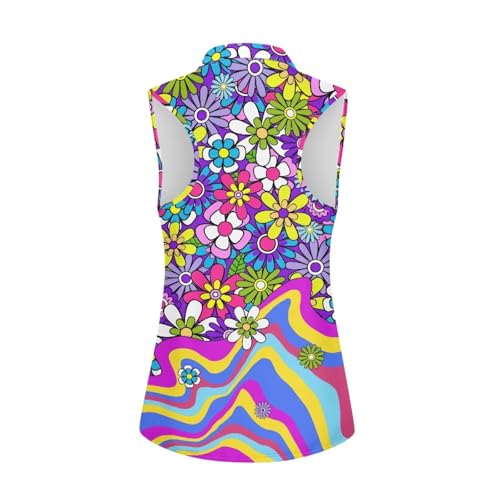 POLERO Women 70s Golf Shirts Sleeveless Half Zip Dry Fit Golf Tops Groovy Hippie Flower Tennis Shirts Retro Floral Athletic Tank Tops Size L