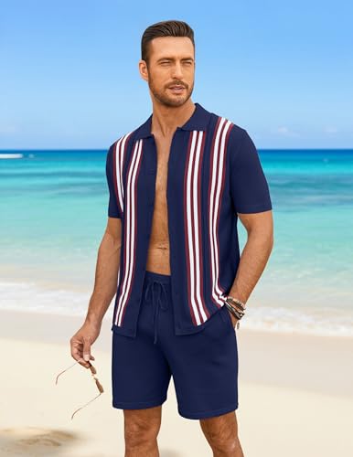 COOFANDY Men's 2 Piece Shirt Sets Vintage Knit Short Sleeve Button Down Polo Shirts Summer Beach Shorts Outfits