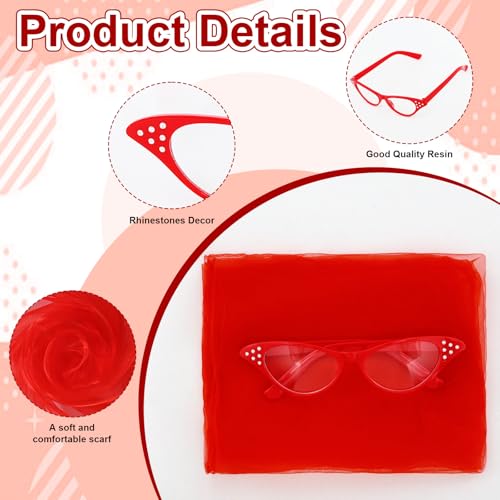 Sdfvsdg 50s Set 50's Costume Accessories Chiffon Scarf Cat Eye Glasses Bandana Tie Headband Earrings for Cosplay Party