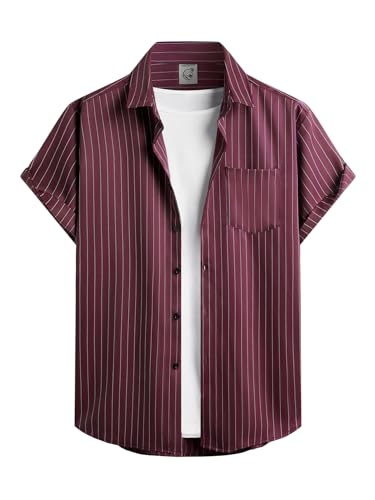 Hardaddy Men's Casual Striped Shirts Button Down Short Sleeve Blouse Summer Hawaiian Shirt Burgundy XXL