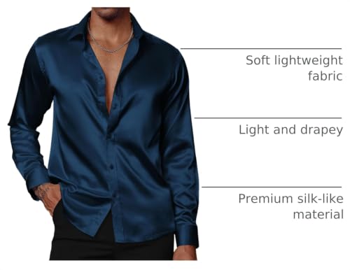 PJ PAUL JONES Mens 70s Disco Shirts Luxury Satin Silk Like Dress Shirt with Bow Tie Wedding Party Shirts Navy Blue L