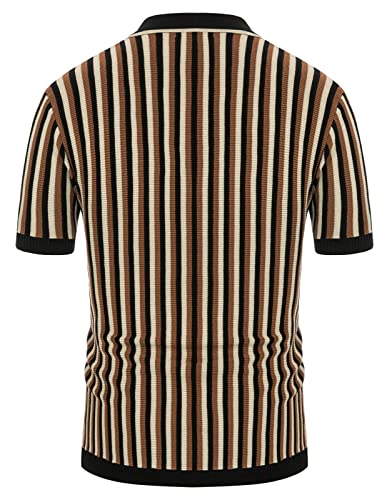 Old Men Striped Knit Polo Shirts Regular Fit 1970s Retro Shirt Casual Collared Italian Stylish Polos Short Sleeve Tops Black-Coffe