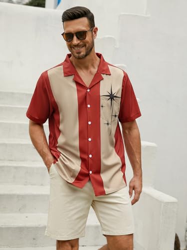 Hardaddy Men's Vintage Bowling Shirt 1950s Short Sleeve Casual Button Down Summer Beach Camp Collar Shirts Crimson XL