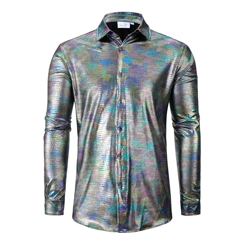 Pixiemain Mens 70s 60s Disco Shirt Metallic Party Costume Long Sleeve Button Down Shirts-A L
