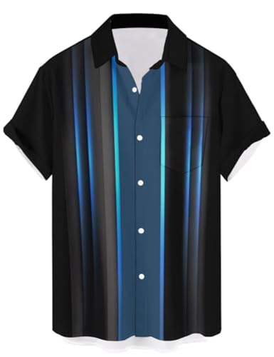 QIVICIMA Men's Big and Tall Retro Bowling Shirt Blue Black Stripe 6XL