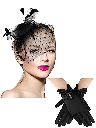 Geyoga 50s Fascinator Hat for Women Funeral Veil Hat Pillbox Cocktail Tea Party Headpiece and Lace Glove(Black,Elegant Style)