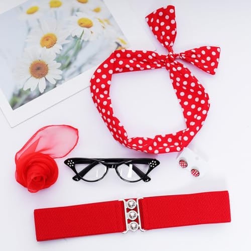 Fumwase 5PCS 1950s Costume Accessories for Women Earring Scarf Cat Eye Glasses Headband Waistband for Hallowmas (Red)