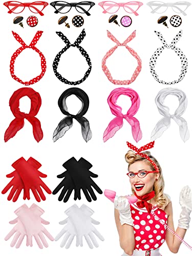 Toulite 20 Pcs 50s Women Costume Accessories Set Includes Cat Eye Glasses Chiffon Scarf Polka Dot Bandana Tie Headband Dot Earrings Gloves for Halloween Party