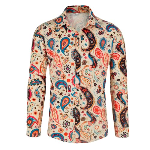 Eunchaes Men 70s Disco Shirt Floral Paisley top retro costume(Z3737YE,3XL)